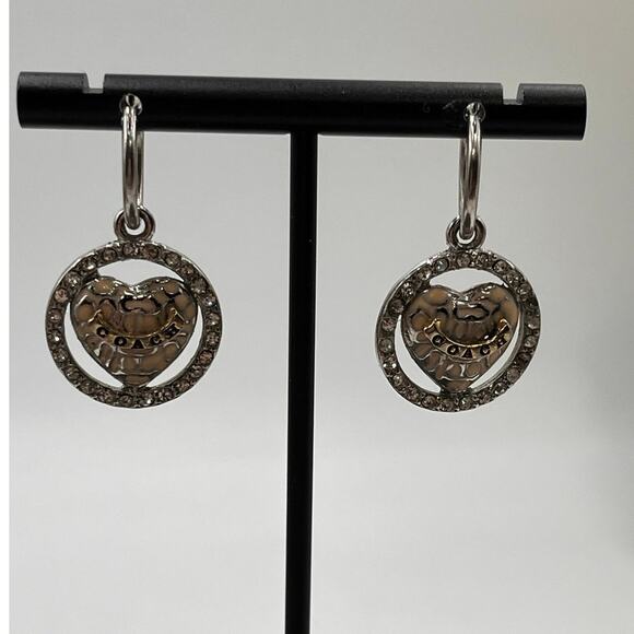 Coach Cream Enamel Logo C’s Branded Heart Small Hoop Dangle‎ Earrings - Picture 3 of 8